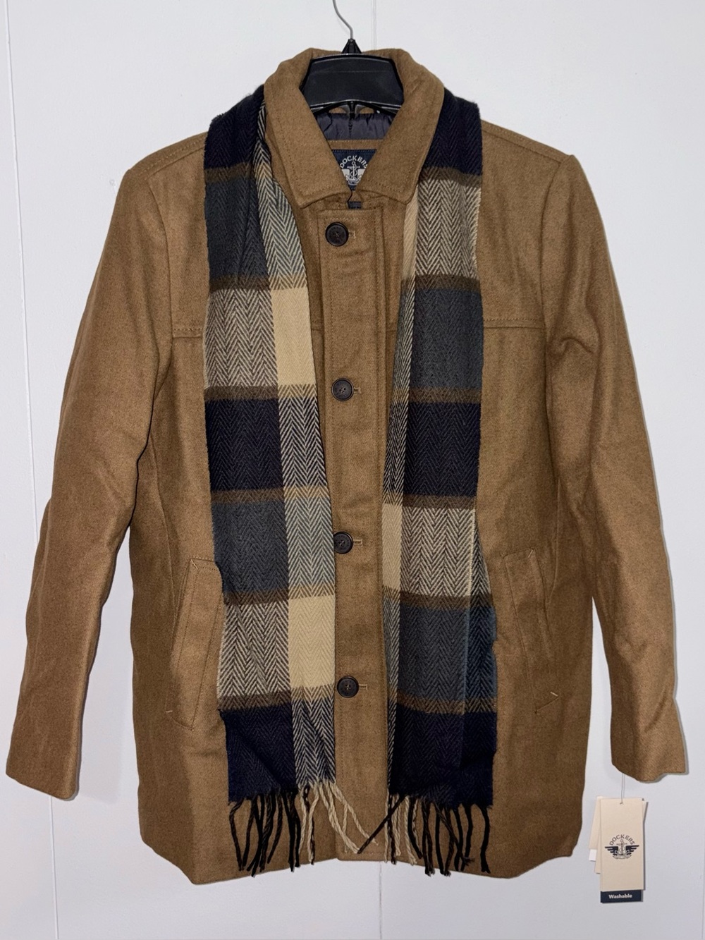 Men’s NWT Dockers Weston Wool Blend Car Coat Jacket Camel L Removable Scarf